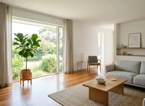 A bright, minimalist living room with sparse furniture and a single plant shows a clean strategy for downsizing a home.